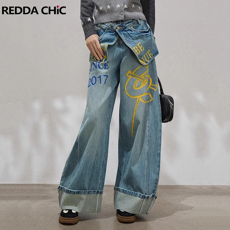REDDACHiC Dual Waist Cargo Pants for Women Skater Vintage Wash Pockets Graphic Print Wrap Baggy Jeans Boyfriend Korea Streetwear
