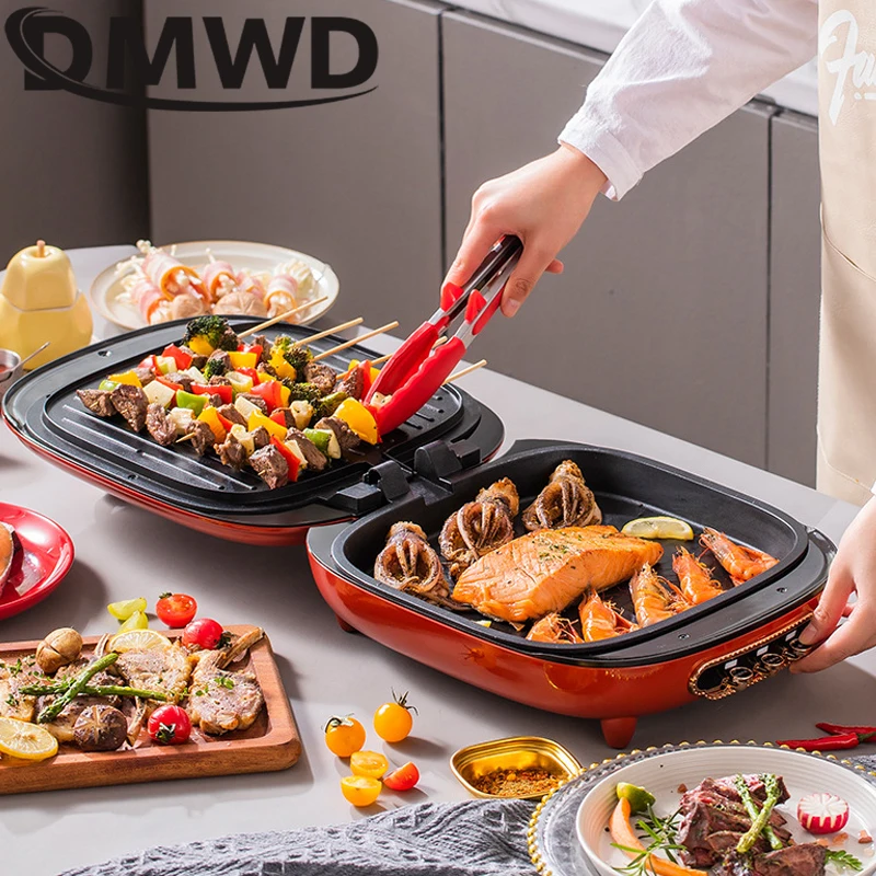 DMWD Multifunction Double Side Heating Electric Skillet 1400W Crepe Pancake Maker Pizza Pie Machine Grill BBQ Griddle Frying Pan