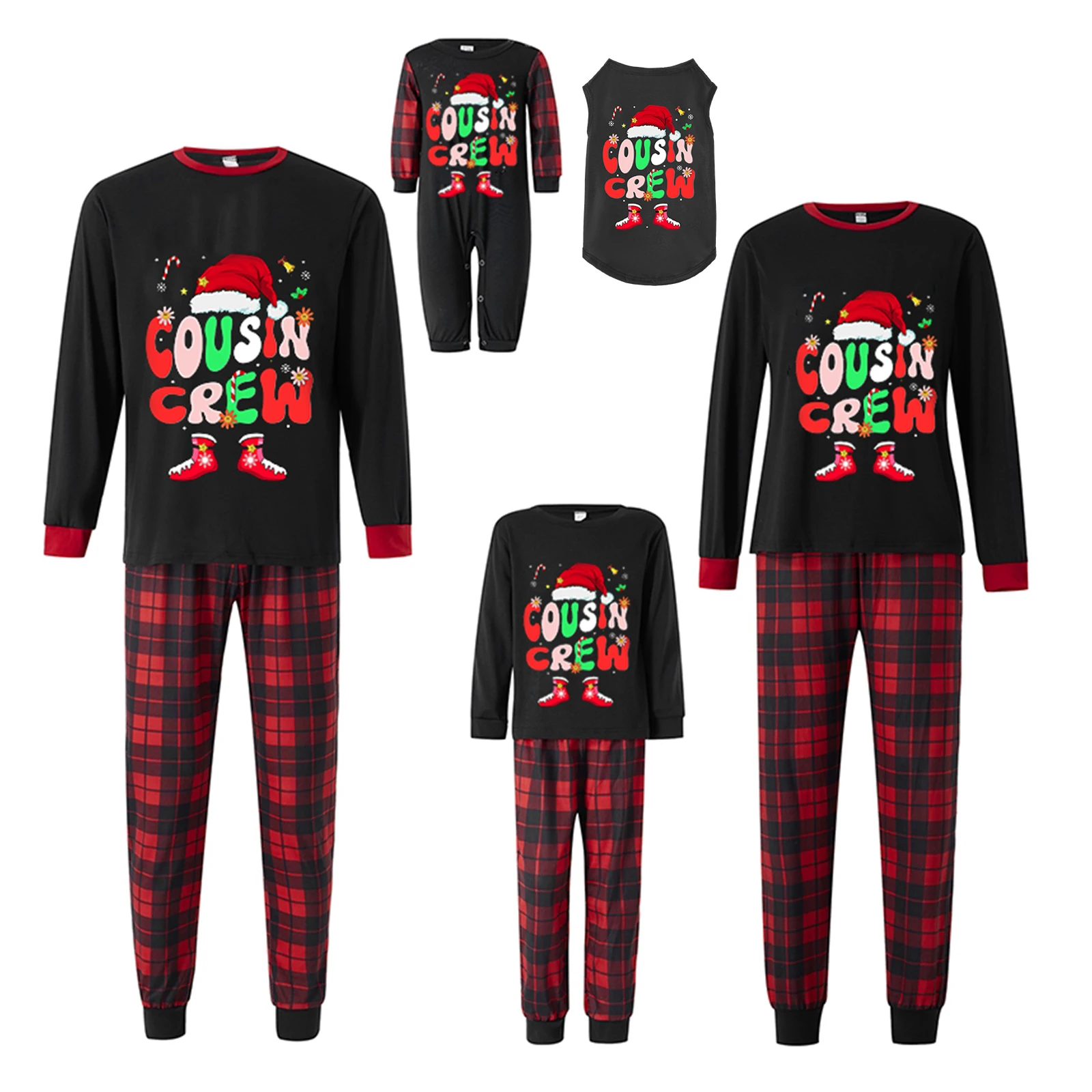 Christmas Family Pajamas Matching Set Letter Santa Hat Print Long Sleeve Tops and Black Red Plaid Pants Sleepwear