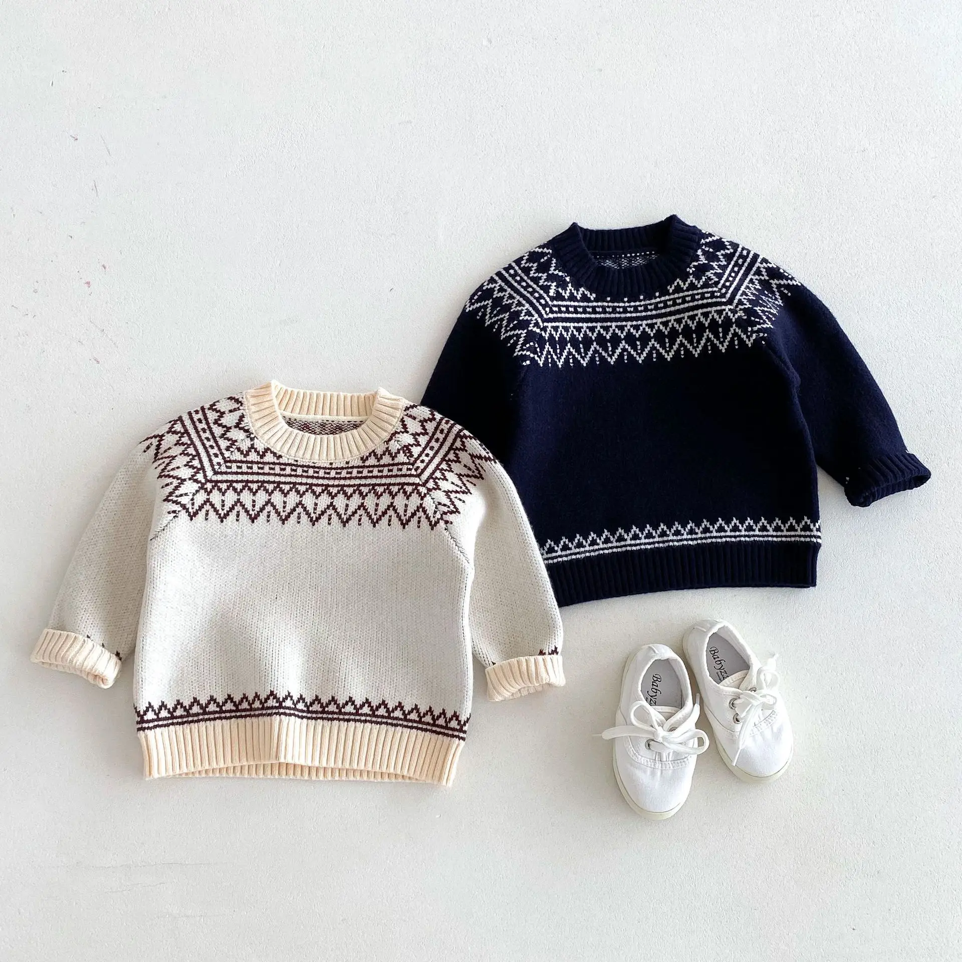 

Autumn New Children Wave Jacquard Sweater Cotton Boys Girls Casual Knitwear Baby Long Sleeve Knitted Pullover Tops Kids Clothes