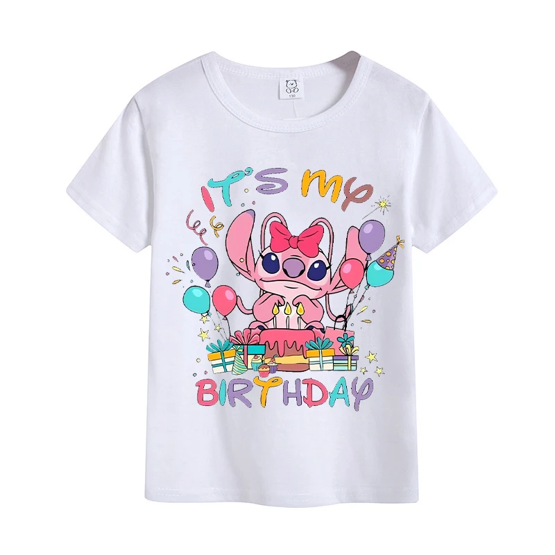 Steek Disney Kinderen Verjaardag T-Shirts Kawaii Disney Cartoon Print Kids Tops Jongen Meisje Korte Mouwen 2024 Baby Zomerkleding