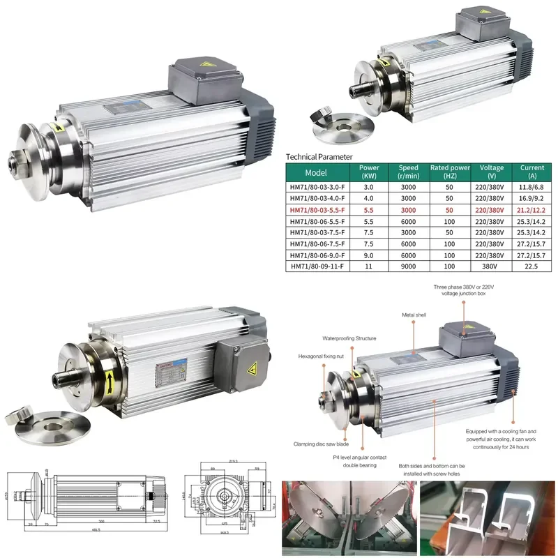 for Three Phase 220V 380V Air Cooled CNC Motor Spindle 3KW 5.5KW 7.5KW 11KW High Speed Electric Spindle for Milling Machine