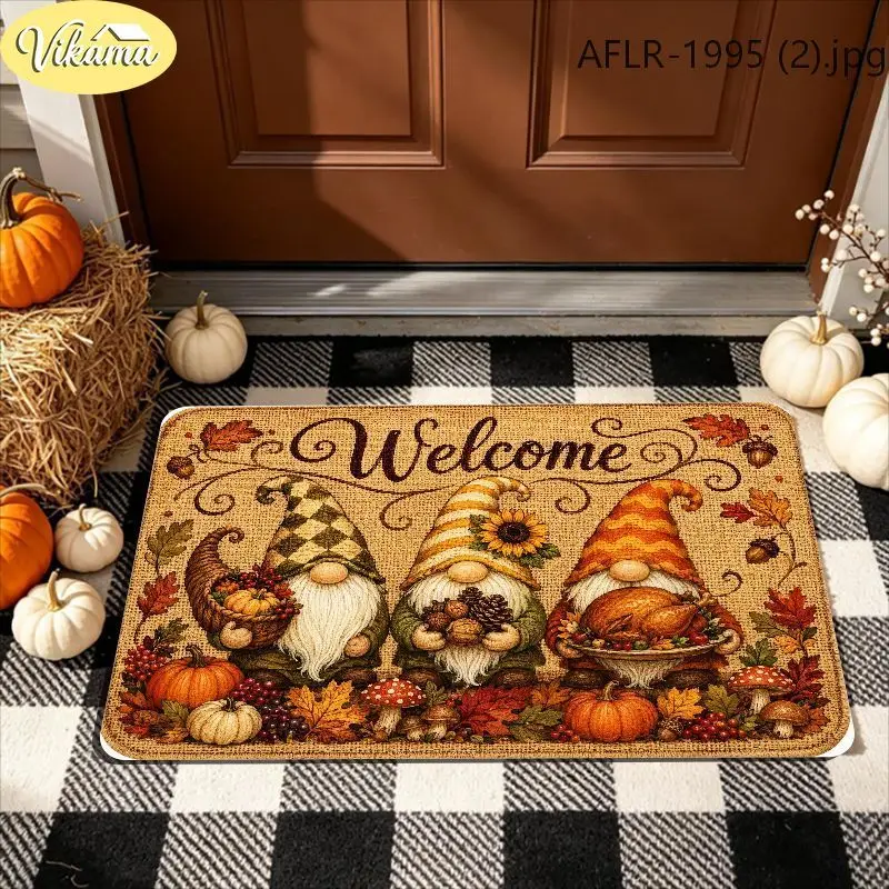 VIKAMA Fall Gnomes Welcome Doormat Turkey Mushrooms Acorns Autumn Harvest Mat Entryway Rug Front Porch Home Decor