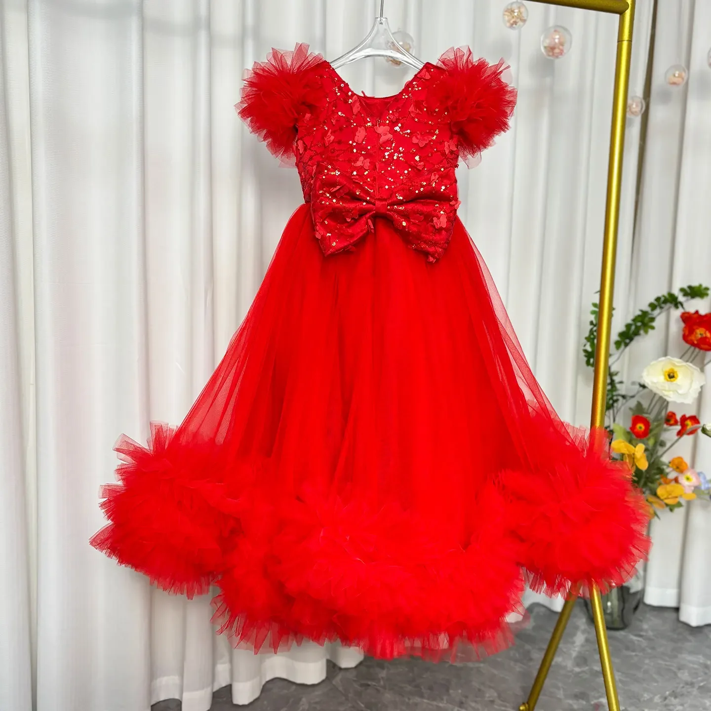 Elegante abito da ragazza di fiori in oro per bambini, principessa, compleanno, festa di nozze, bianco, rosa, per bambini, spettacolo di festa, abito da ballo J069