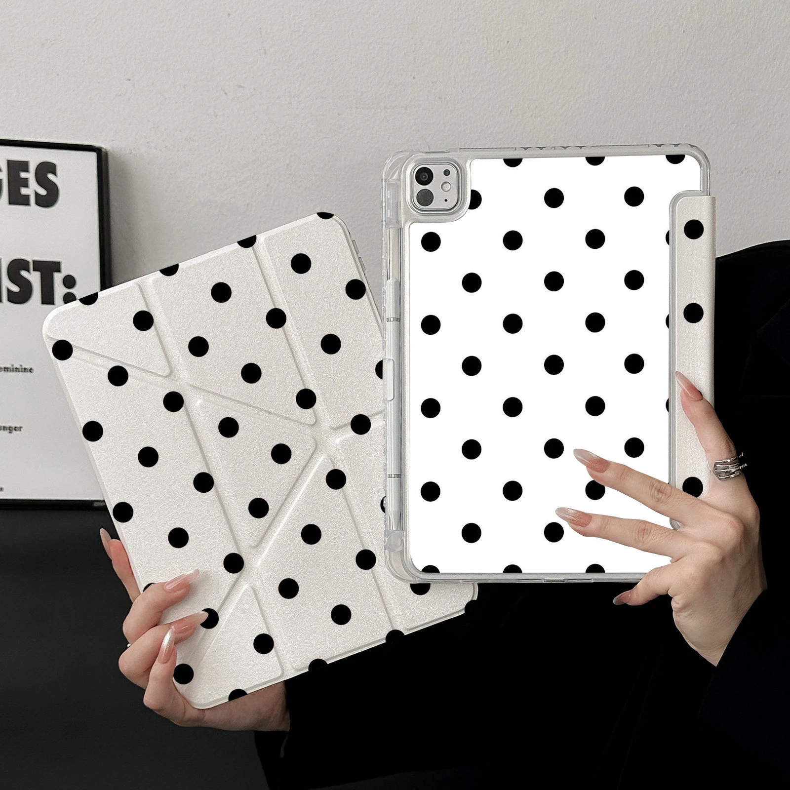 Simple Black Polka Dot White Y-Fold Tablet Case For iPad Pro 11 12.9 13 A16 M2 M4 M3 M5 5/6/7/8/9/10/11th Mini Air 3 4 5 6 Cover