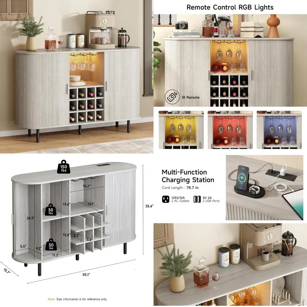 Home Bar Cabinet with Wine Rack, Fluted Design for Beverage Storage and Glass Holder