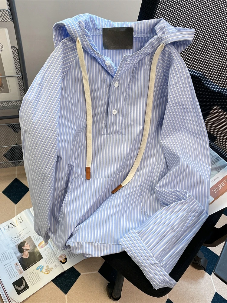 Hikigawa chique moda feminina estilo preppy japonês listrado com capuz camisas de manga longa outono casual todos os jogos blusaosp mujer