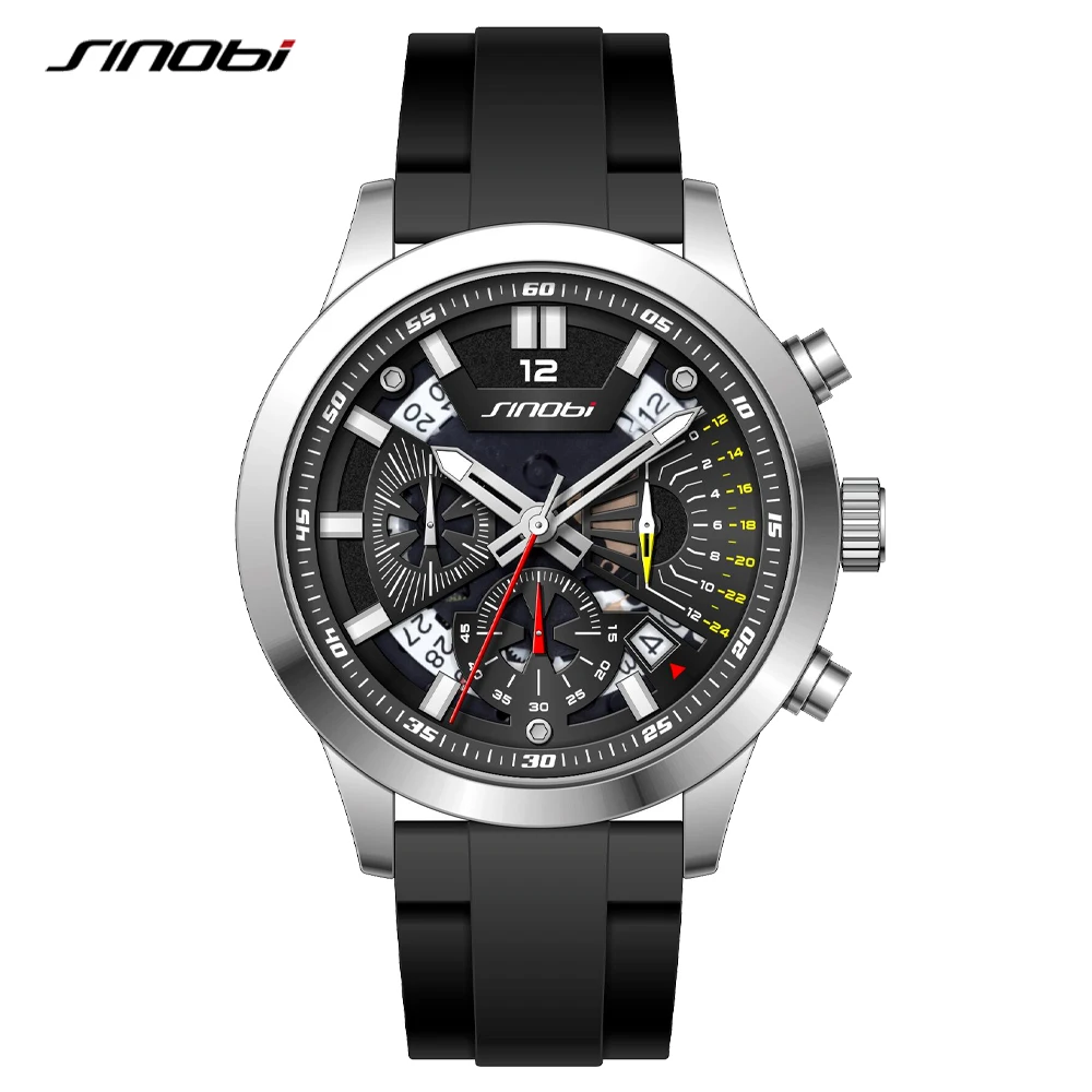 SINOBI Brand Men's Quartz Watches Custom-made 42mm Dial Plate Stainless Steel Case Silicone Strap Men Wristwatches