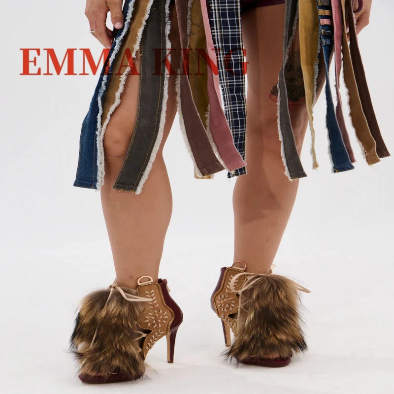 المفتوحة تو Strappy الفراء المرأة الصنادل التطريز تصميم عودة البريدي صنادل عالية الكعب الصيف موضة الكاحل عالية رمح المدرج الصنادل