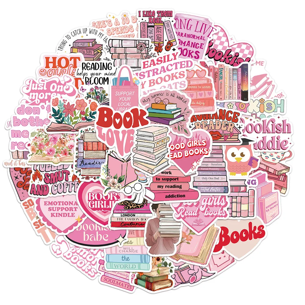 50PCS Pink Bookish Graffiti Stickers, suitable for luggage, speakers, water bottles, computers, laptops, labels, stickers