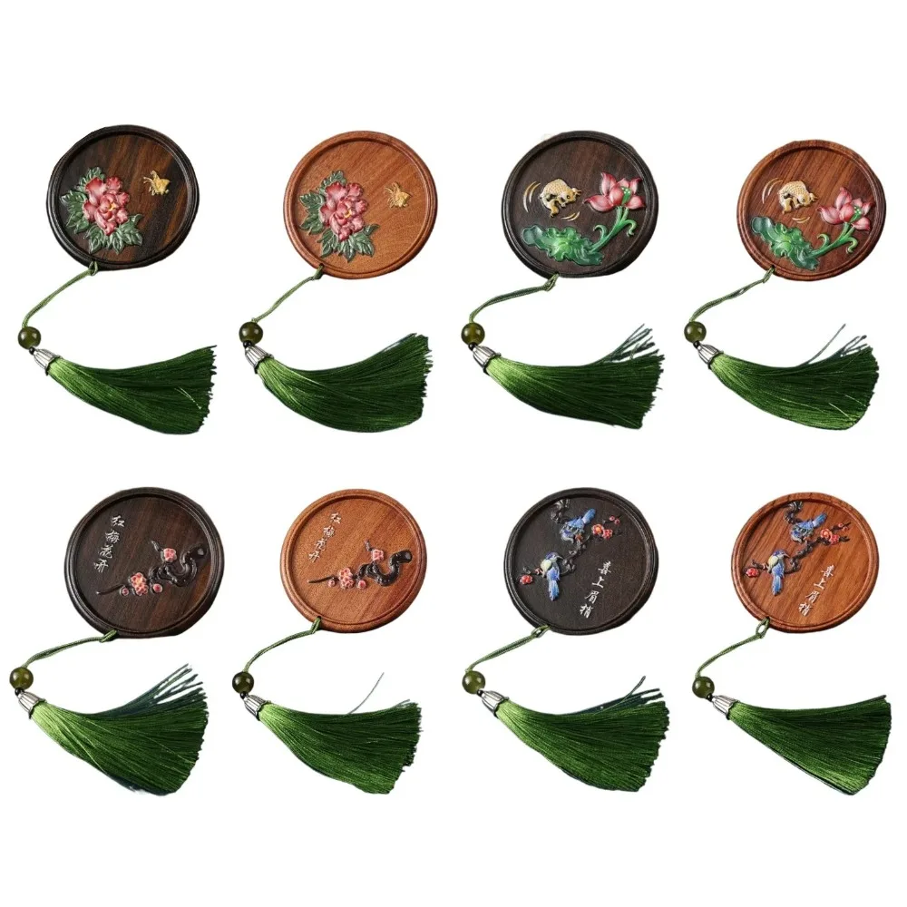 Portable Chinese Style Handheld Mirror Magpie Flower Emboss Wooden Cosmetic Mirror Fish Tassels Pocket Makeup Mirror Girls