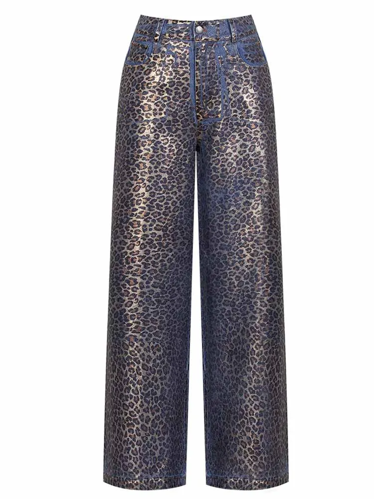 

BKQU Металлические джинсы с леопардовым принтом для женщин Модные мешковатые брюки с высокой талией Y2k Широкие брюки 2000-х годов Хип-хоп Ретро 2025 Уличная одежда