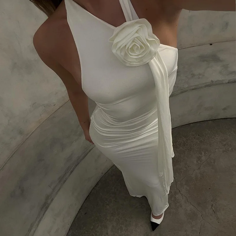 

White Floral Applique Backless Ruched Halter Maxi Dress Club Party Sexy Summer Fairy Bodycon Long Dresses Elegant Outfits Robe