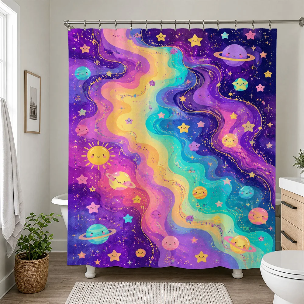 Vibrant Galaxy Rainbow Stars Planets Shower Curtain Bathroom Decor Fun Cosmic Watercolor Print