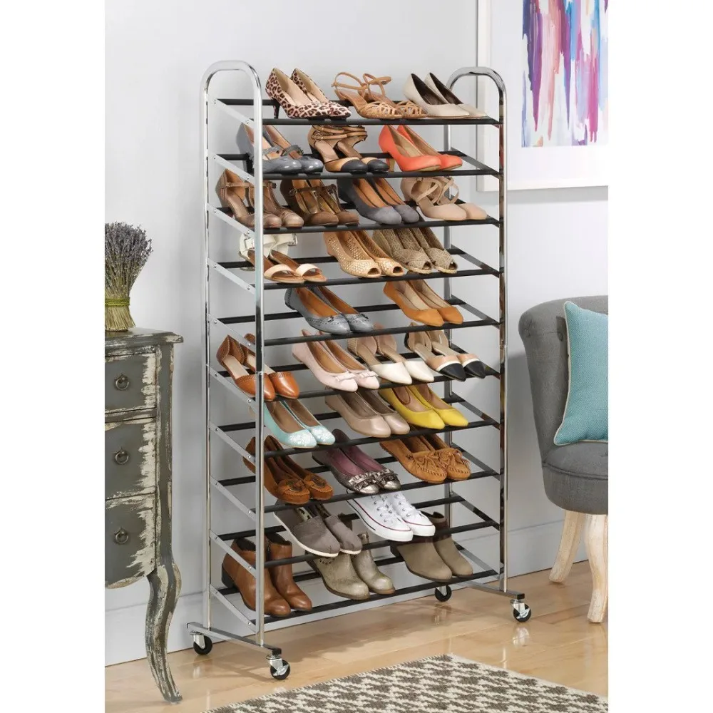 Shoe Rack Organizer Free Shipping 50-Pair 10-Tier Metal Shoe Tower With Wheels Chrome Shoerack Shoes Organizers Shoe-shelf Racks