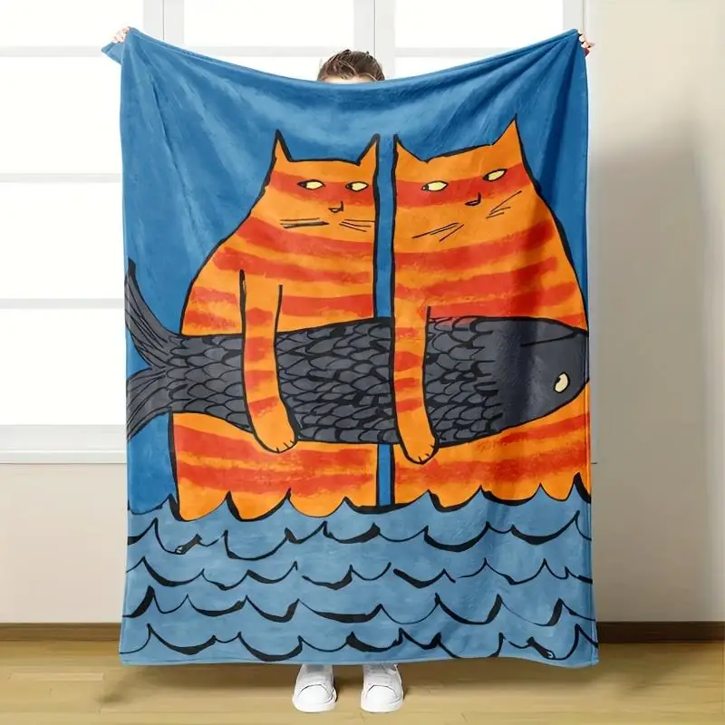 Фланелевое одеяло с белой кошачьей тематикой — ультрамягкое теплое клетчатое одеяло с изображением кота-тенбби и рыбы-тунца и рыбы с рыбными кошками в имбирем, черно-белую полоску
