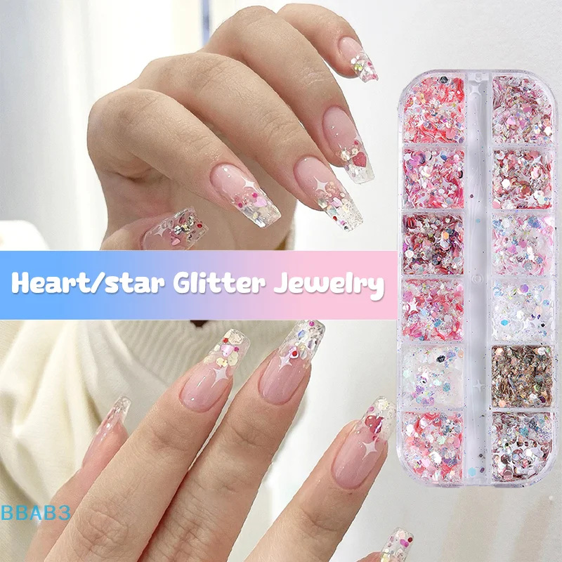 กลิตเตอร์เลื่อมผสม 12 ช่อง รูปดาวและหัวใจ สีสันสดใส สำหรับตกแต่งเล็บแบบวิบวับ  ผงเลื่อมสำหรับทำเล็บ