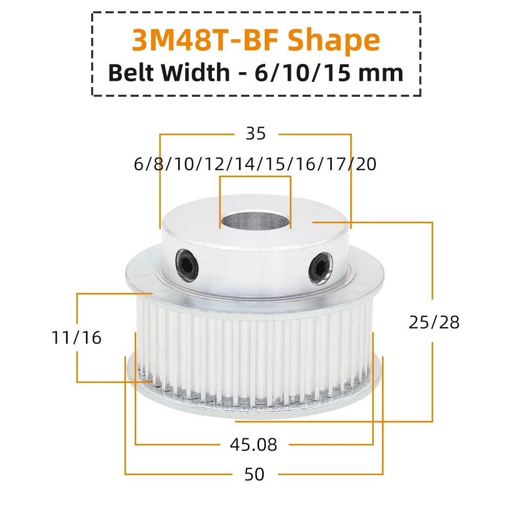 48 Teeth 3M Synchronous Pulley Pitch 3.0 mm Circle-arc Tooth Bore 5-20 mm for Width 10/15mm HTD 3M Timing belt  48Teeth 48T