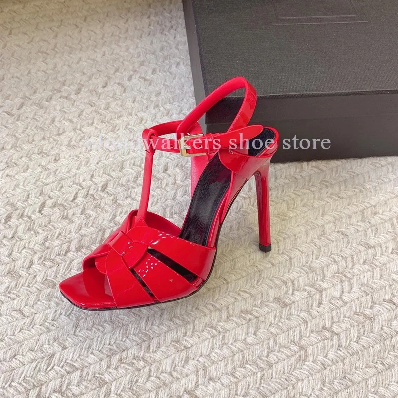 Fashion Cross Woven Strap Design Peep Toe Sandals Sexy Side Hollow Ankle Strap Buckle Stiletto Sandals Glitter Party Dress Shoes