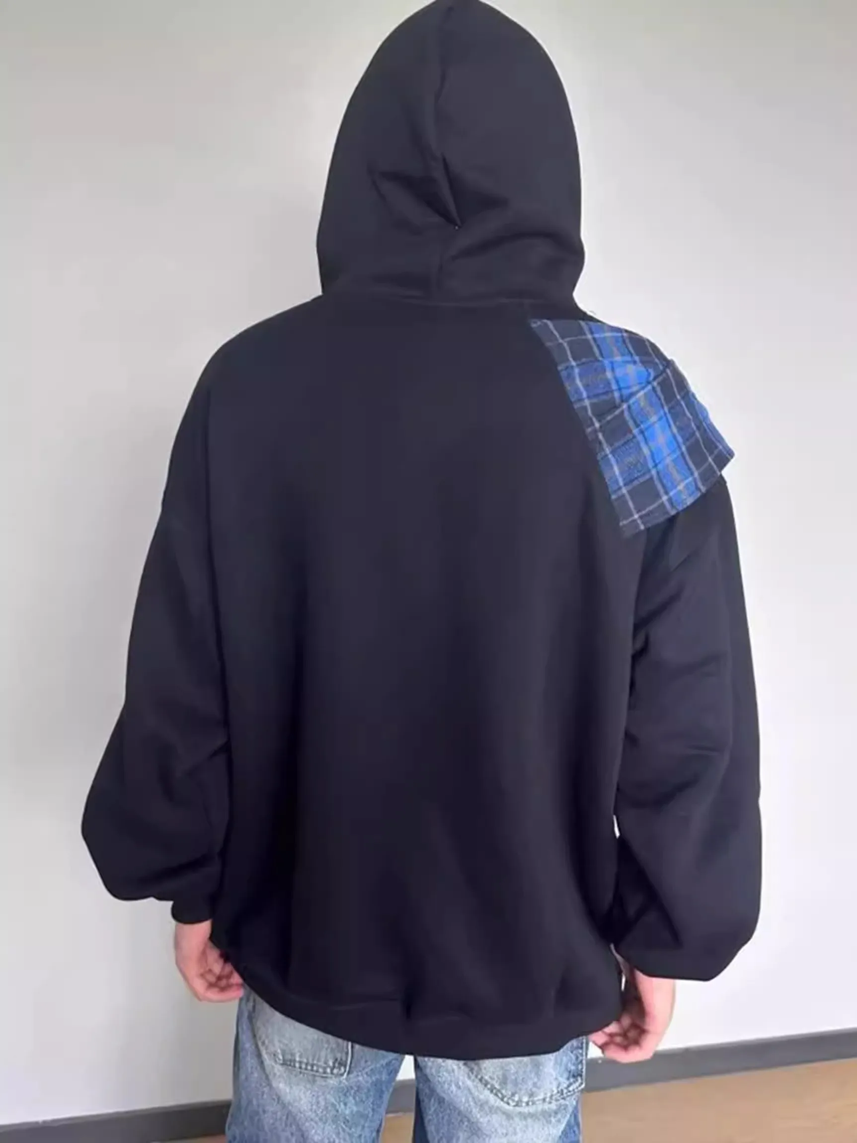 الأمريكية شارع العليا منقوشة awl وهمية قطعتين هوديي الرجال فضفاض الوزن الثقيل القطن الخالص Jaet الخريف الشتاء العلامة التجارية العصرية