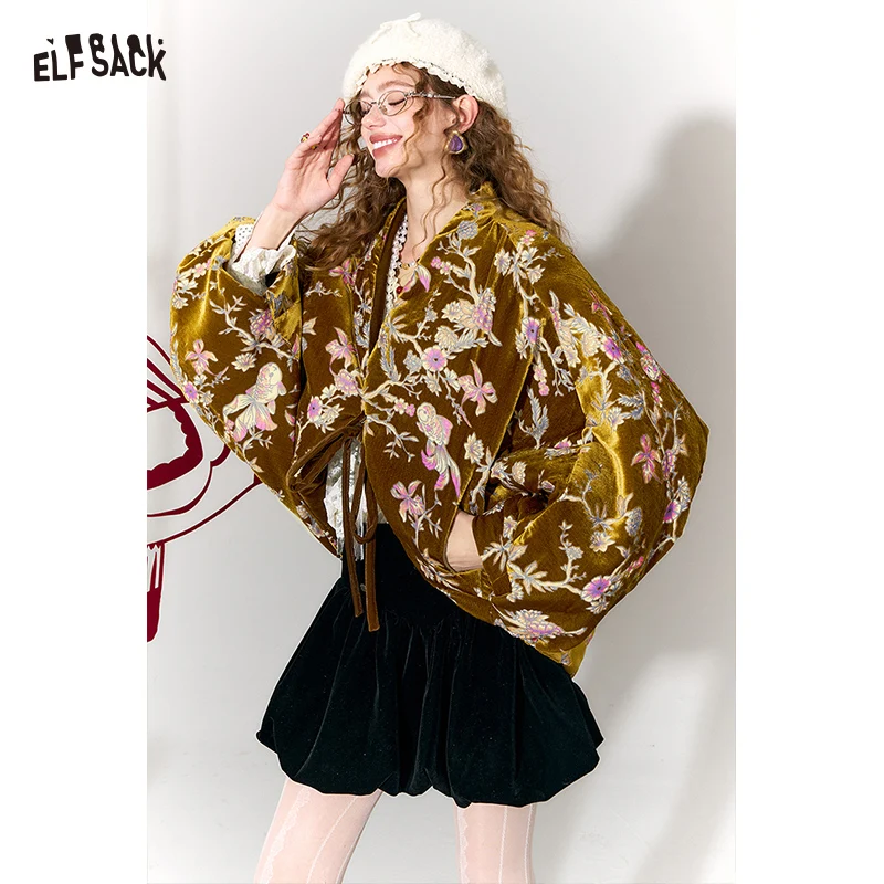 

ELFSACK Chinese Velvet Jacket with Floral & Goldfish Embroidery, Royal Elegant Loose Coat , V-Neck Vintage Outerwear