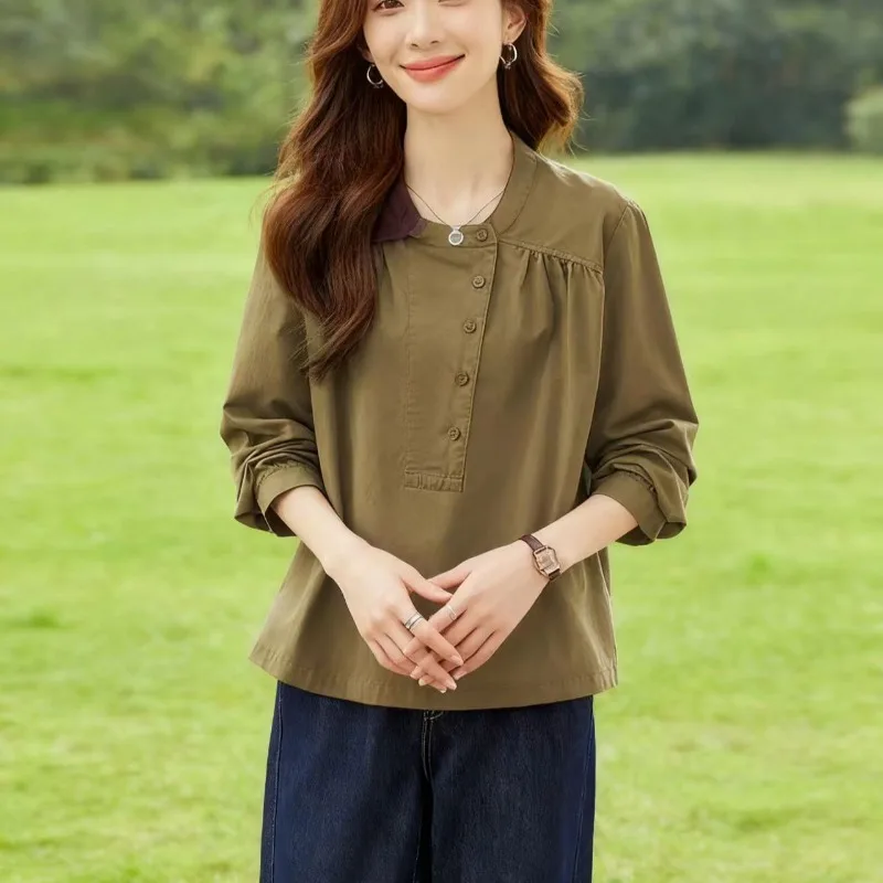 

Осень 2025 г., новая стильная рубашка, женский плиссированный пуловер ручной работы, топ, темпераментный воротник-стойка, длинный рукав