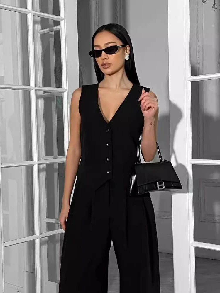 2024 Elegant Commuter Blazer Vest Pants 2-Piece Set Women\'s Spring Summer V-Neck Slim-Fit Tank Top+High Waist Wide-Leg Trousers