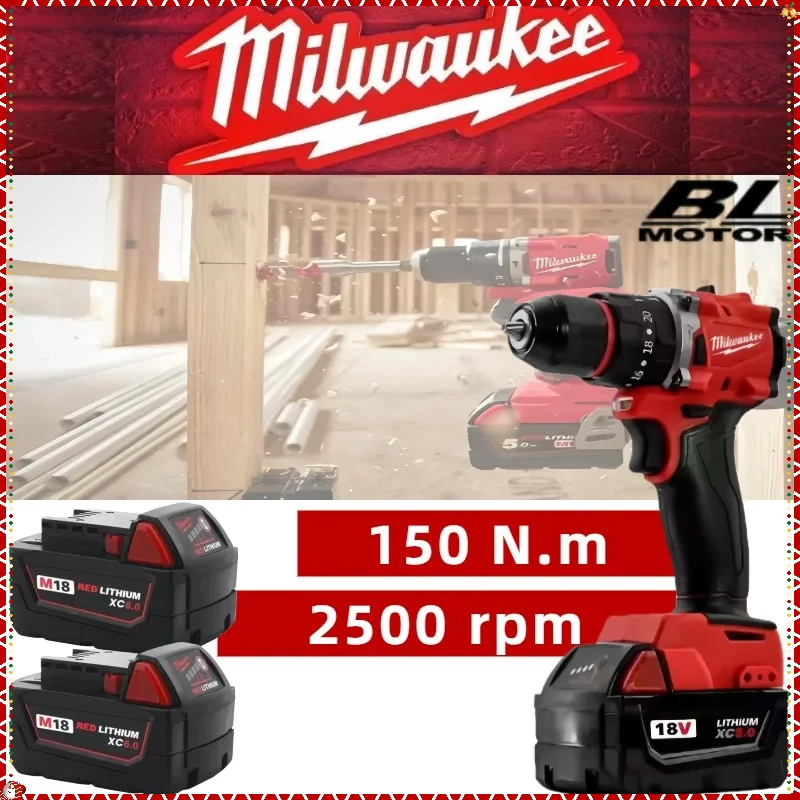 

Milwaukee Brushless Electric Drill 20+3 Torque Hammer Multifunctional Cordless Impact Drill Power Tools with Battery M18