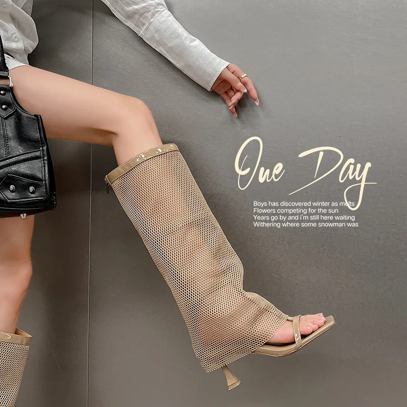 

Women's Mesh Slouch Knee-High Heeled Sandals Thong Square Toe with Rhinestone Detail for Summer Night Festivals Trendy Fashion