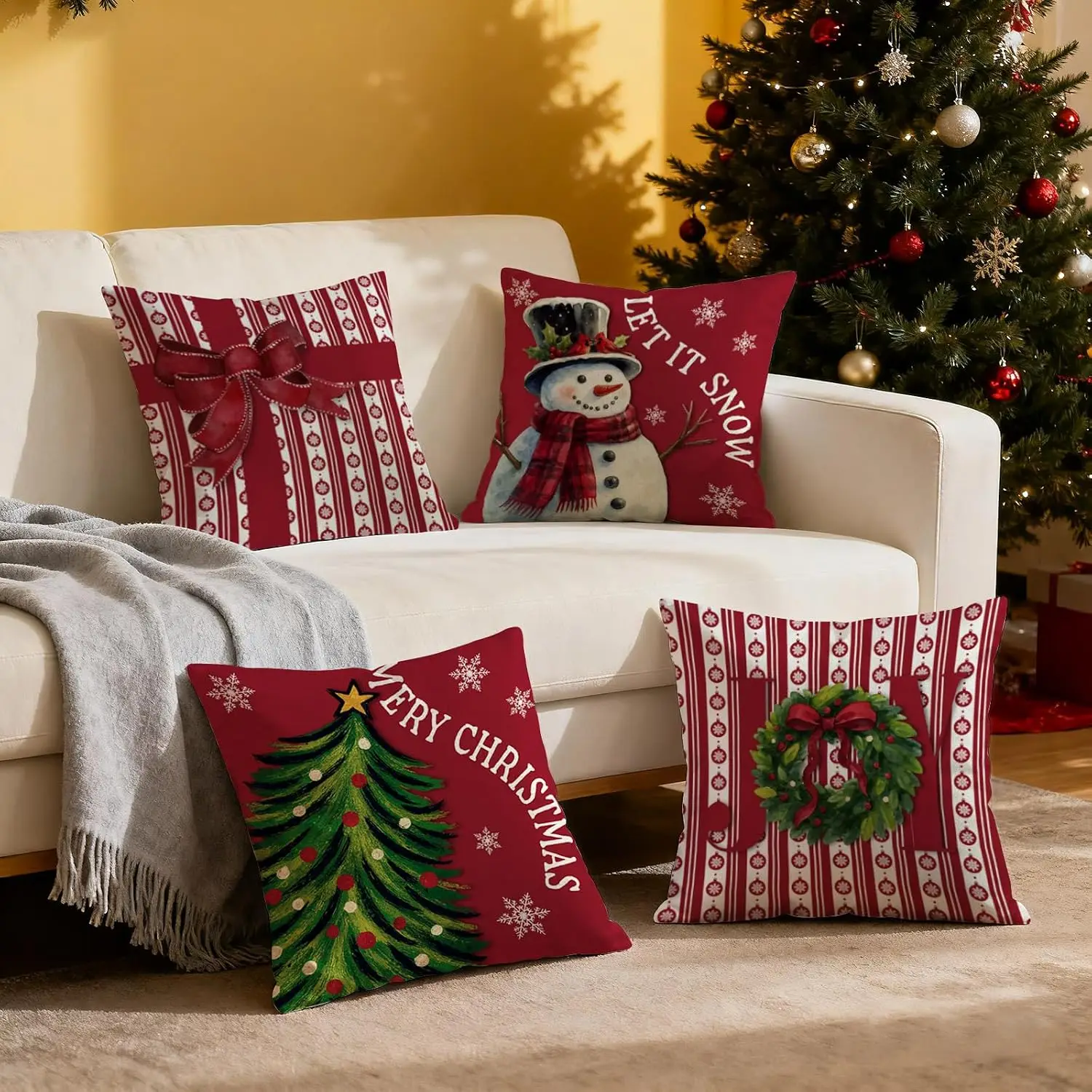 Christmas Set of 4 Double Sided Throw Pillow Covers Snowman Snowflake Tree Cushion Cases Decor for Couch Sofa Home
