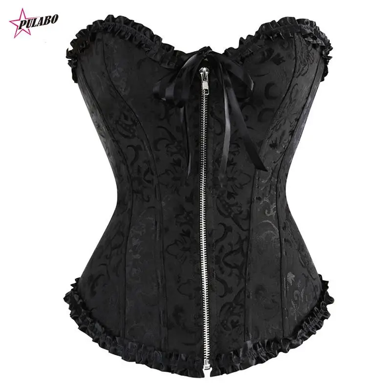 PULABO y2k Women Front Overbust Zip Corset Jacquard Floral Lace Up Boned Shaperwear Fashion Steampunk Bustiers Gothic Clubwear