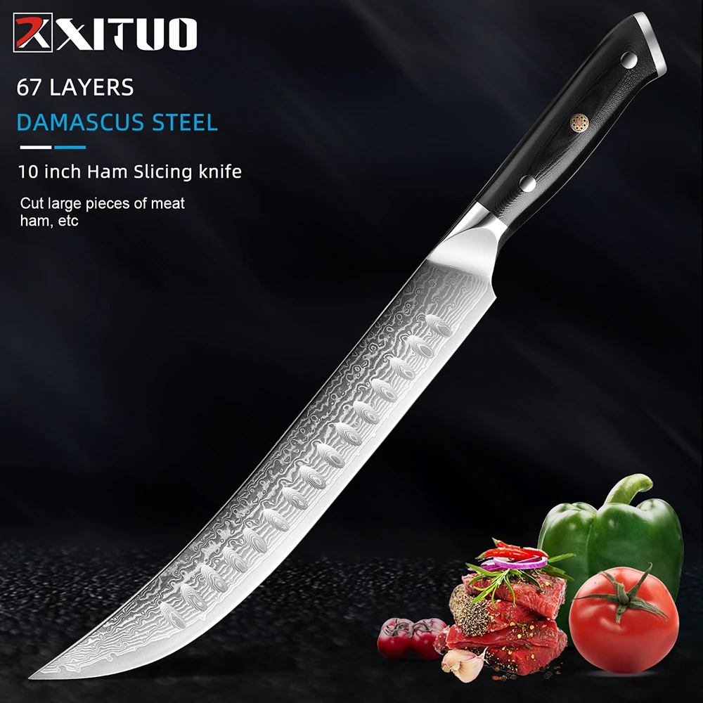 XITUO Damascus Steel Slicing Carving Knife Ultra Sharp Forged Brisket Knife Butcher Breaking Kitchen Knife Full Tang Handle