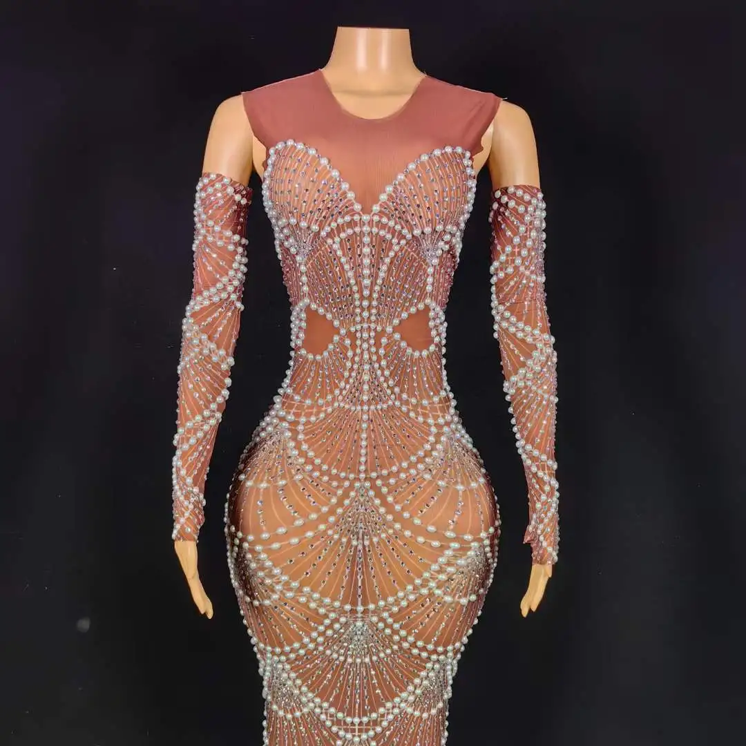 

With Gloves Women Pearl Retro Evening Birthday Party Stage Long Dress For Outfit Performance Goddess Drag Queen Costume