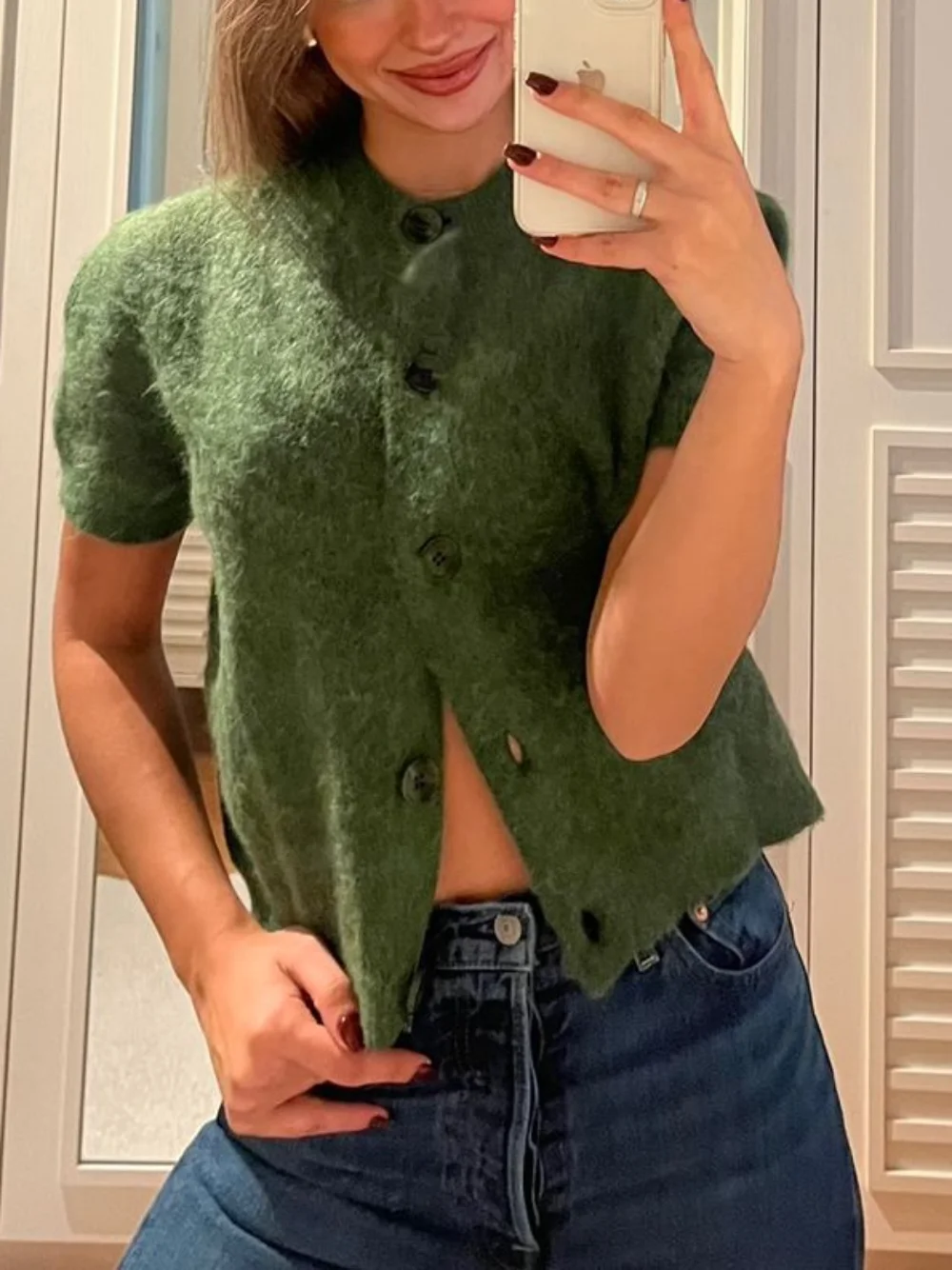 

Женский вязаный кардиган с круглым вырезом и коротким рукавом, однобортный однотонный укороченный верхний свитер, куртка, простой топ