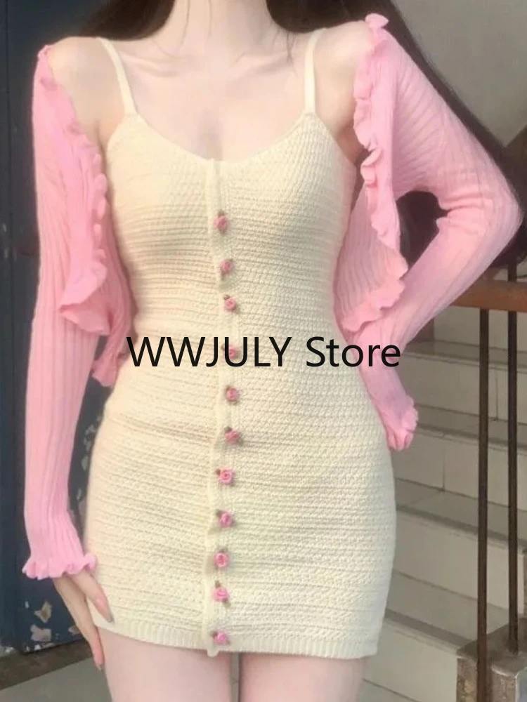 2023 autunno corea moda vestito dolce sottile 2 pezzi Set gonna rosa maglione corto Cardigan aderente cinturino Sexy Mini abito Party Chic