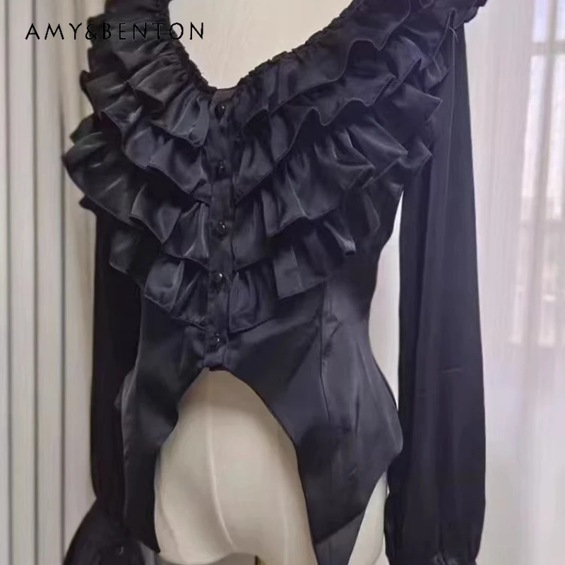 

Оригинальный дизайн, однотонная женская рубашка в стиле Лолита Готика с глубоким V-образным вырезом, весна-осень 2026, новая коллекция, субкультурная, с длинным рукавом, внутренняя рубашка для женщин