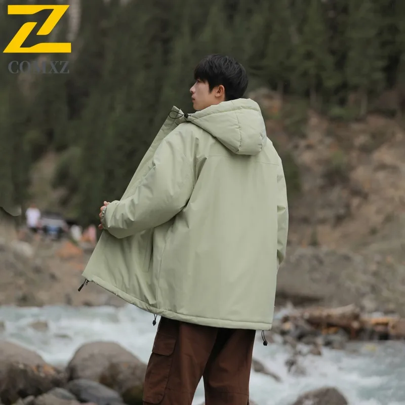 COMXZ 2025 Mens Womens Mountain Style Hooded Waterproof Color Block Winter Jacket Cotton-padded Outdoor Sports Lightweight Coat