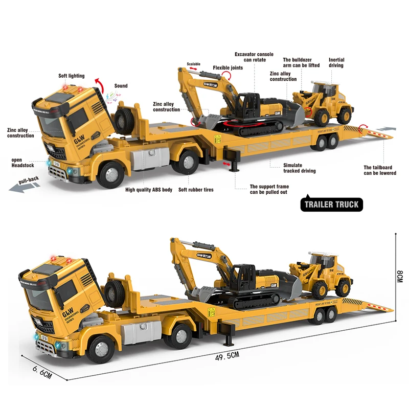 1:40 Anhängerauto mit Mini-Bulldozer und Bagger, Druckguss-Modelltechnik, zurückziehbares Bausammlungsspielzeug für Kinder