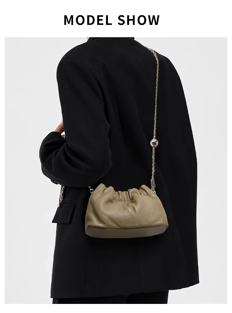 Leichte Litchi-Textur Echtes Kuhleder Cloud Bag Damen Kordelzug Tasche mit Raffdesign Metallkette Crossbody Mini-Geldbörse – Detail 1