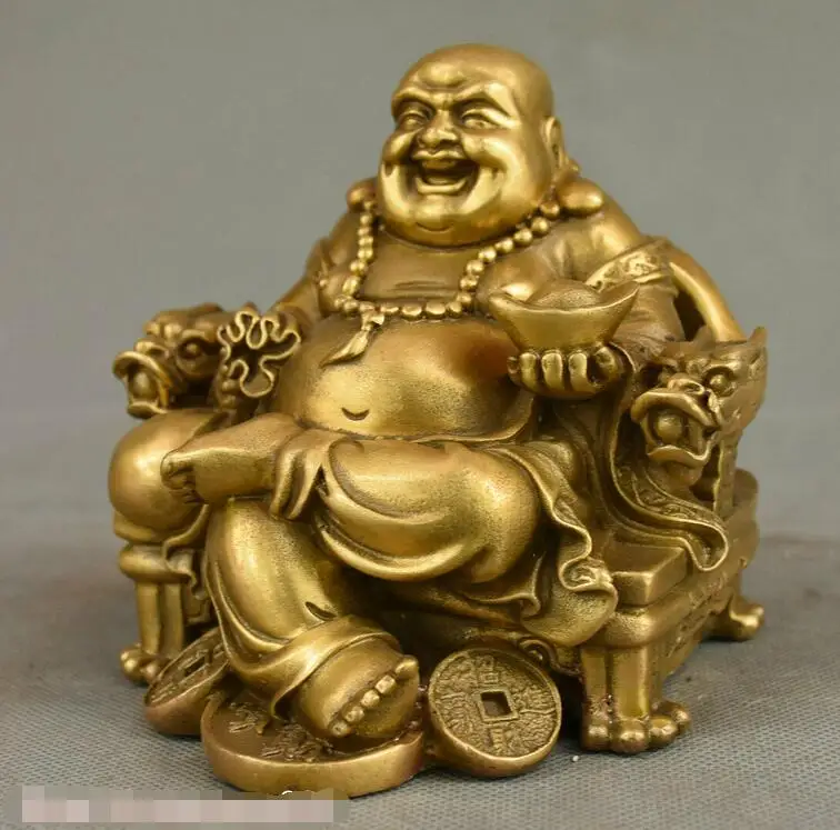 

Rare China Buddhism Brass Dragon Chair Wealth Happy Laugh Maitreya Buddha Statue