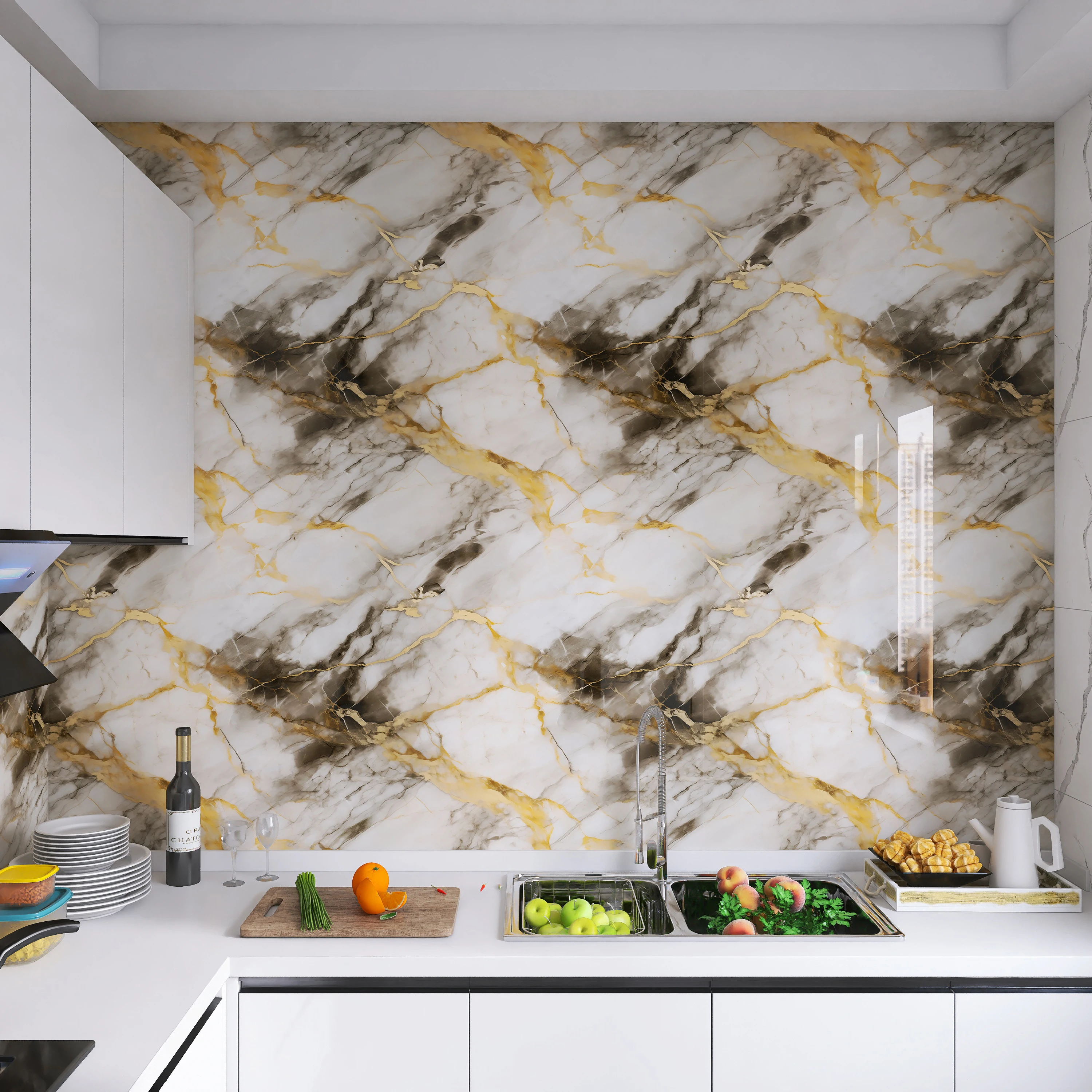 1 لفة من ملصق حائط رخامي مقاوم للماء ومضاد للحشف ومقاوم للزيت من مادة PVC ذاتية اللصق ملصق حائط للمطبخ