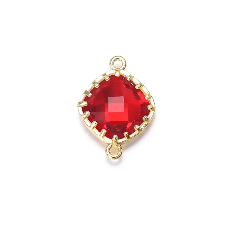 골드 컬러 도금 황동, 다채로운 유리 비즈, 스퀘어 커넥트 참 액세서리, 2 홀, 13x8mm 하이 퀄리티, 18K, 4 개