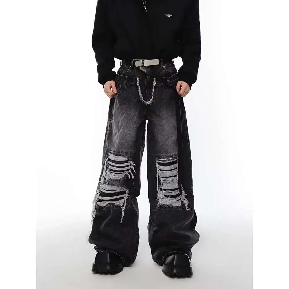 

Мужские джинсы с широкими штанинами, удлиненные, из денима, с дырками, свободные, повседневные, с карманами, с высокой талией, прямые, осенне-зимние