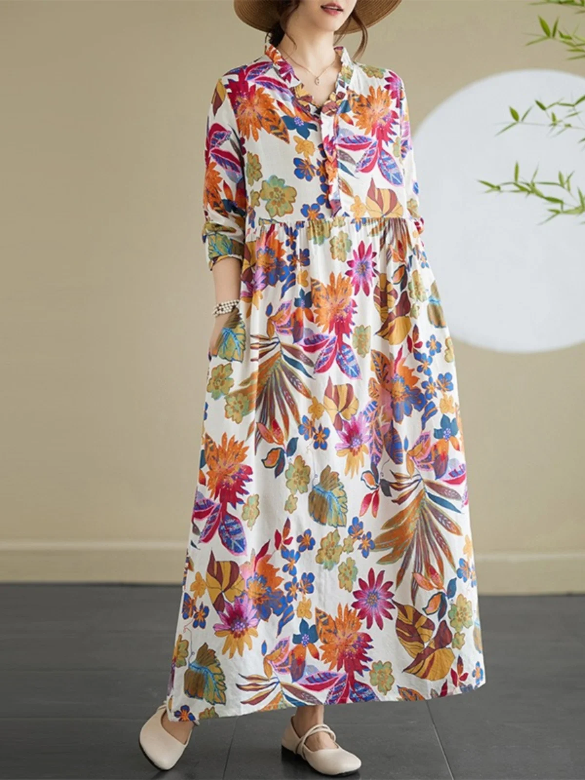 레트로 레이스 브이넥 코튼 린넨 드레스 여성용 봄 가을 루즈 슬림 캐주얼 롱 슬리브 맥시 플로럴 롱 드레스