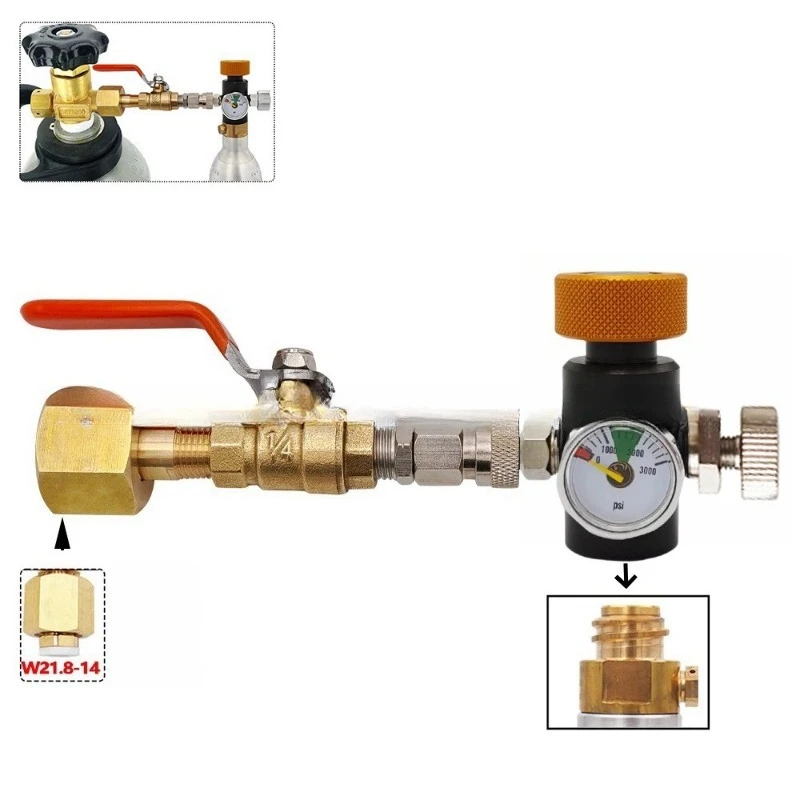 Soda‑Maker CO2 Fill Adapter W21.8‑14 Thread with Pressure Gauge Bleed Valve Ball Valve for SodaStream Cylinder
