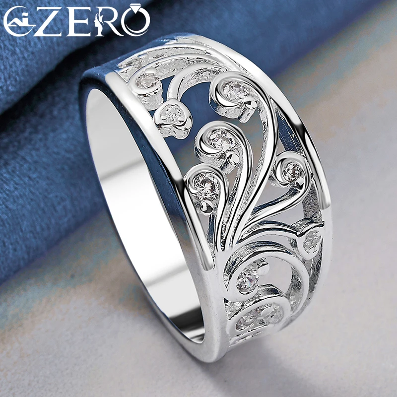 ALIZERO 925 Sterling Silver Hollow Flower Zircon Ring For Women Engagement Band Wedding Rings Fashion Party Charms Jewelry Gift