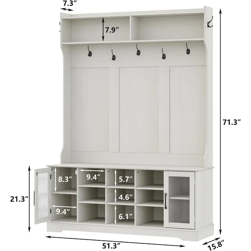 51.3'' Hall Tree, Off White Entryway Bench with Coat Rack, 10 Shoe Storage & 7 Coat Hooks & Adjustable Shelf