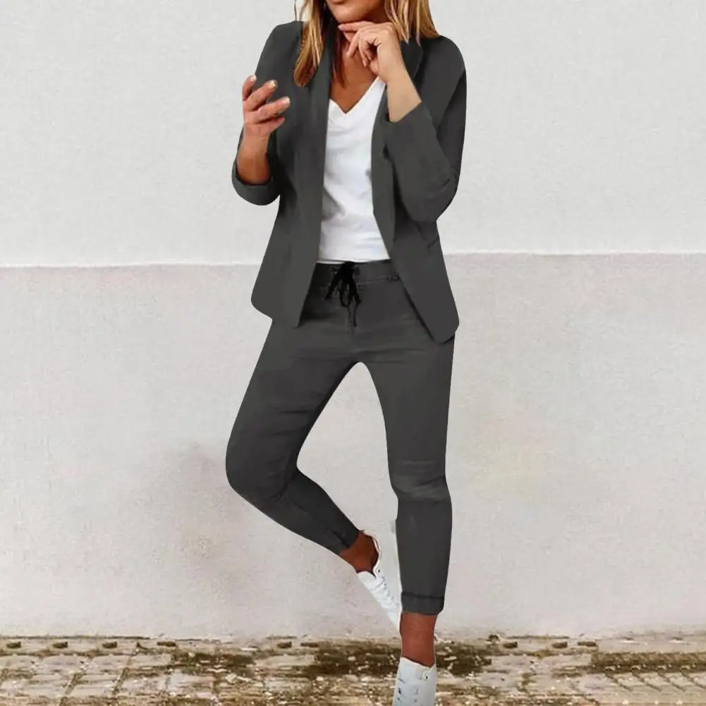Casual Black Blazer Pants Set Women Full Sleeve Closed Waist Long Straight Solid Pant Sets Female 2025 Autumn Lady Suits