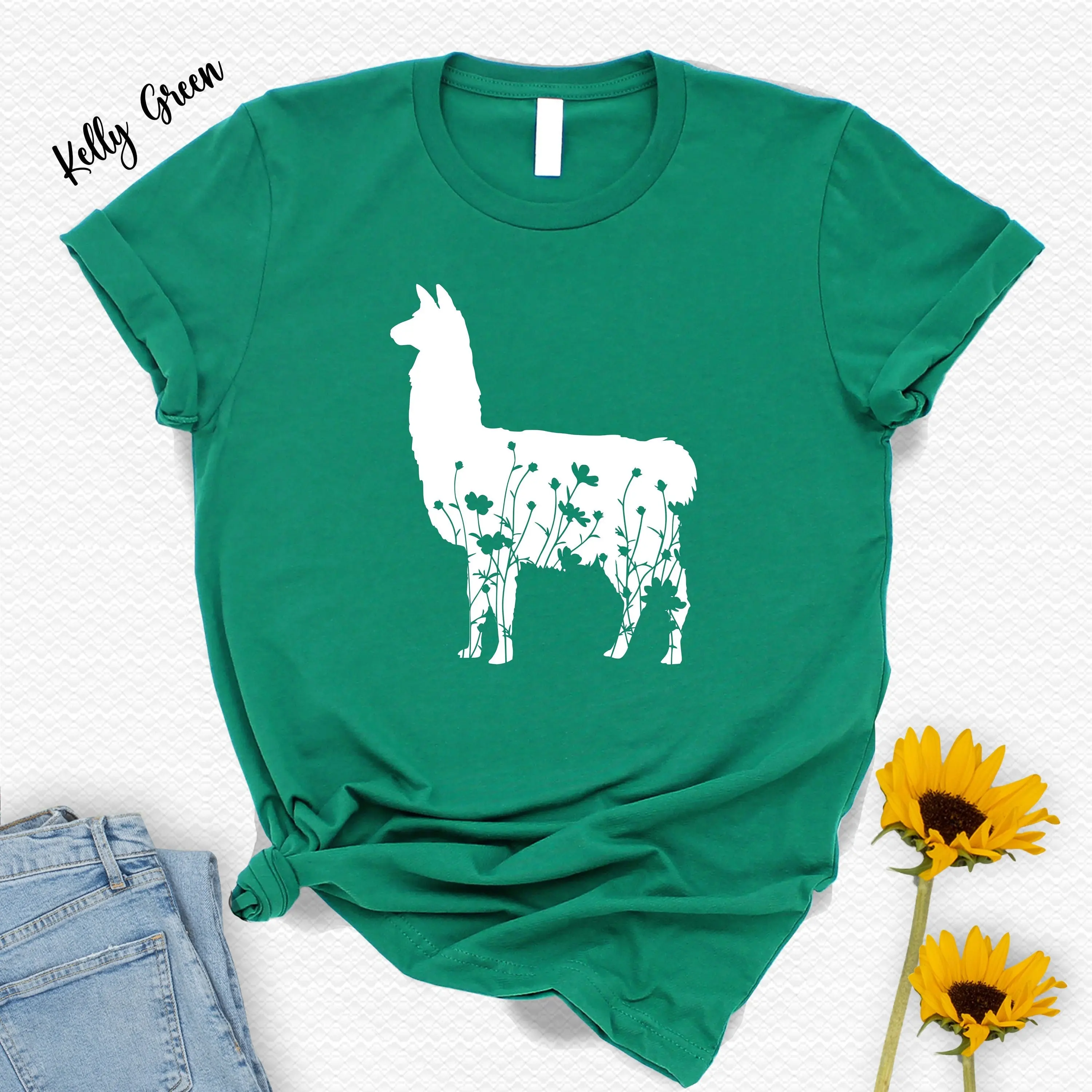 Летняя хлопковая Футболка с цветами и ламой