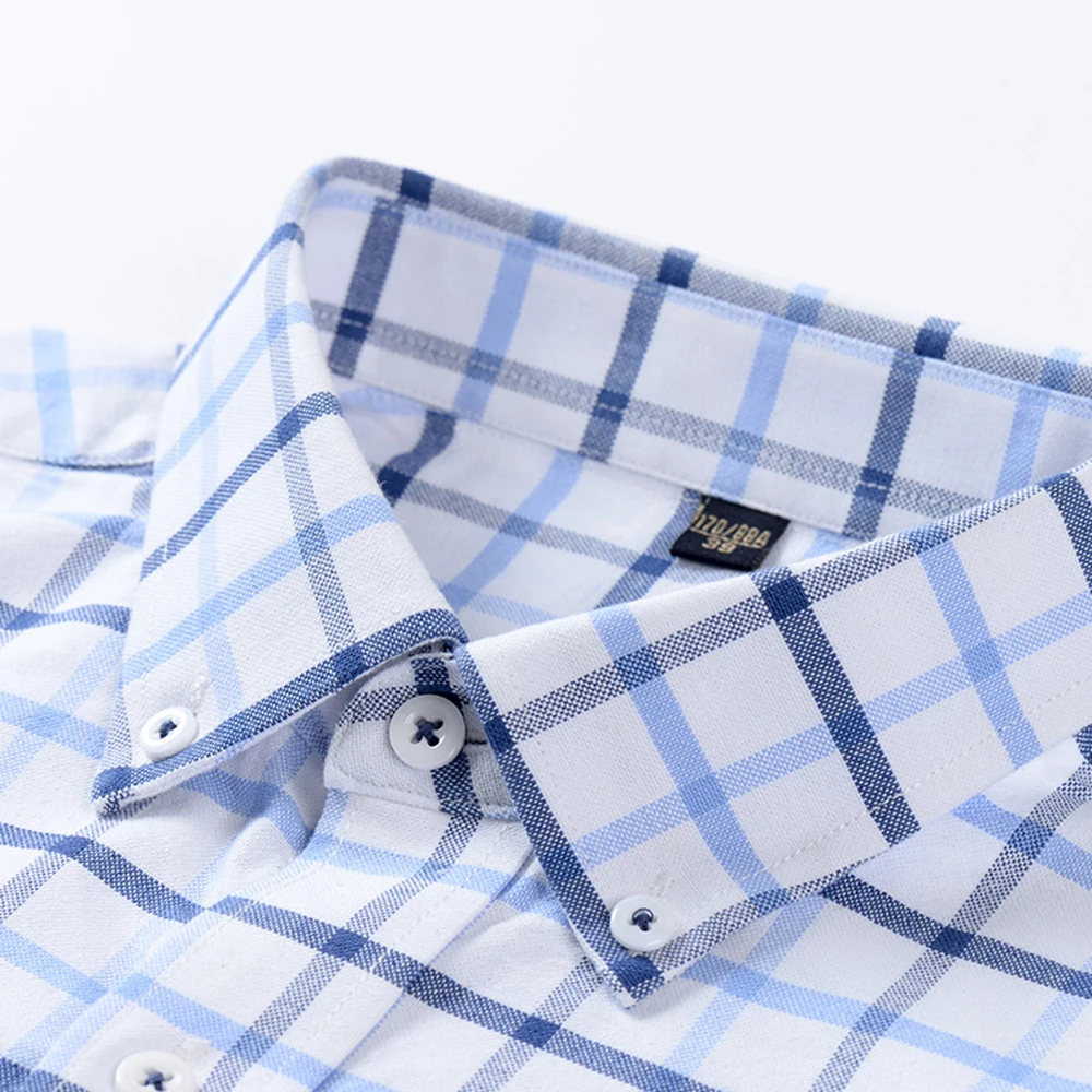 Men Cotton Oxford Long-Sleeve Button Down Casual Dress Shirt with Pocket, Striped Checked Shirts Luxury Slim Designer Clothing